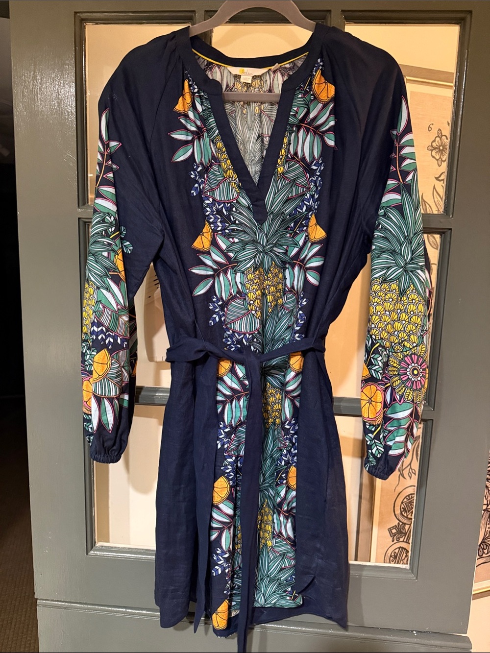 Boden Navy Tropical-Print Tie-Waist Long Sleeve Dress